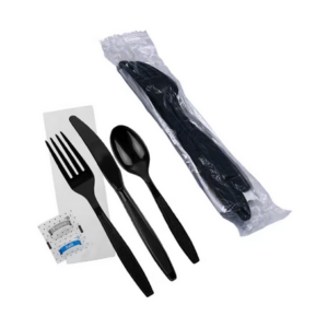 24766 - HEAVY BLACK KNIFE/FORK/SPOON/NAPKIN/S&P KIT