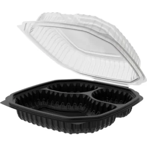 24664 - 9X9X3 HINGED 3COMP BLK W/CLR LID